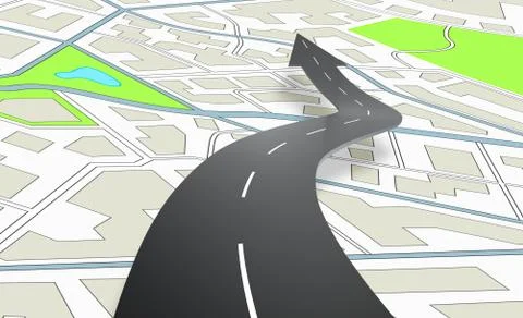 Arrow shaped road indicating the direction above a navigation map. 3D Rendering Stock Illustration