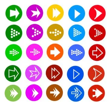 Arrow sign icon set. simple circle shape internet button on gray background. Illustrazione stock