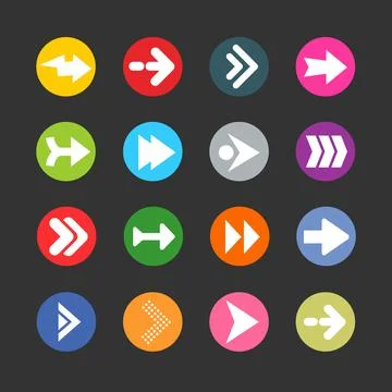 Arrow sign icon set. Simple circle shape internet button on gray background. Stock Illustration