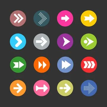 Arrow sign icon set. Simple circle shape internet button on grey background. Stock Illustration