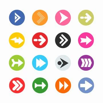 Arrow sign icon set. Simple circle shape internet button on gray background. Stock Illustration