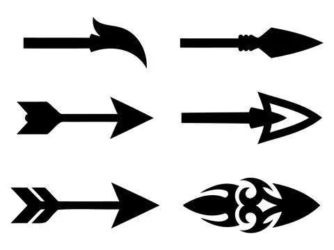 Arrow silhouette vector illustration set with tribal spearheads Ilustração Stock