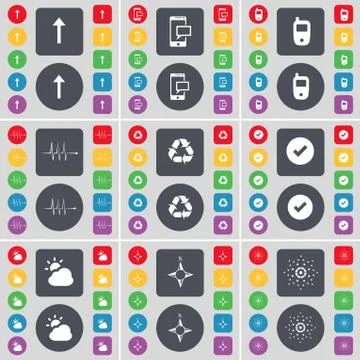Arrow up, SMS, Mobile phone, Pulse, Recycling, Tick, Cloud, Compass, Star icon s 스톡 일러스트
