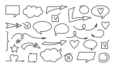 Arrow speech bubble check black line doodle set Stock Illustration
