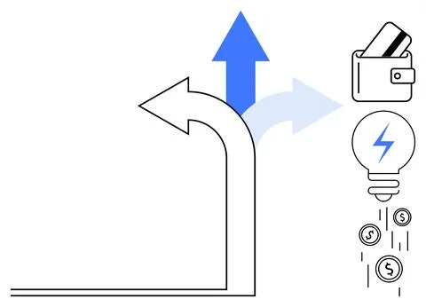 Arrow split into three paths, with lightbulb, wallet, and coins on the right. Stock Illustration