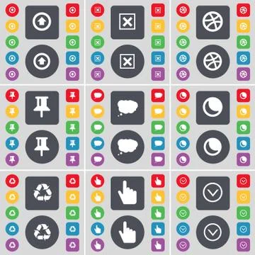 Arrow up, Stop, Ball, Pin, Chat cloud, Moon, Recycling, Hand, Arrow down icon sy Stock Illustration