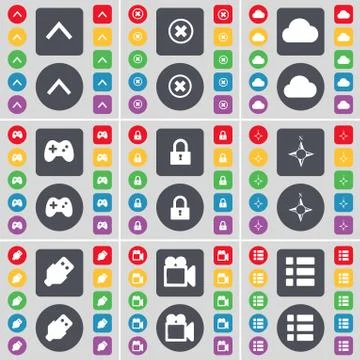 Arrow up, Stop, Cloud, Gamepad, Lock, Compass, USB, Film camera, List icon symbo Stock Illustration