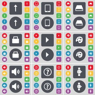 Arrow up, Tablet PC, Hard drive, Lock, Media play, Palette, Sound, Question mark Stock Illustration