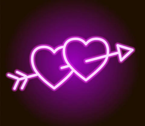 Arrow through two hearts. Valentines day icon. Neon sign Stock Illustration