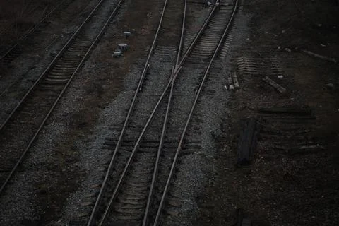 The arrow to transfer the train to the next track. Railroad tracks Stock Photos