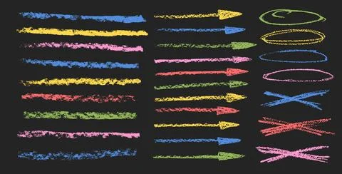 Arrow, underline, crayon drawn set. Straight thin pointers, brush strokes, Stock Illustration