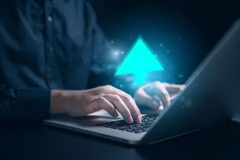 Arrow upper icon on hands increase performance. investment growth Foto stock