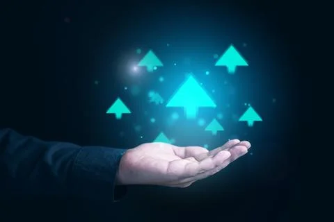 Arrow upper icon on hands increase performance. investment growth Stock Photos