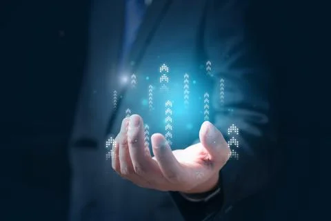 Arrow upper icon on hands increase performance. investment growth Foto stock
