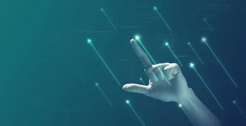 Arrow upper icon on hands increase performance. investment growth Foto stock