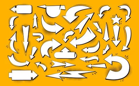 Arrow various directions comic pop art set vector Stock Illustration