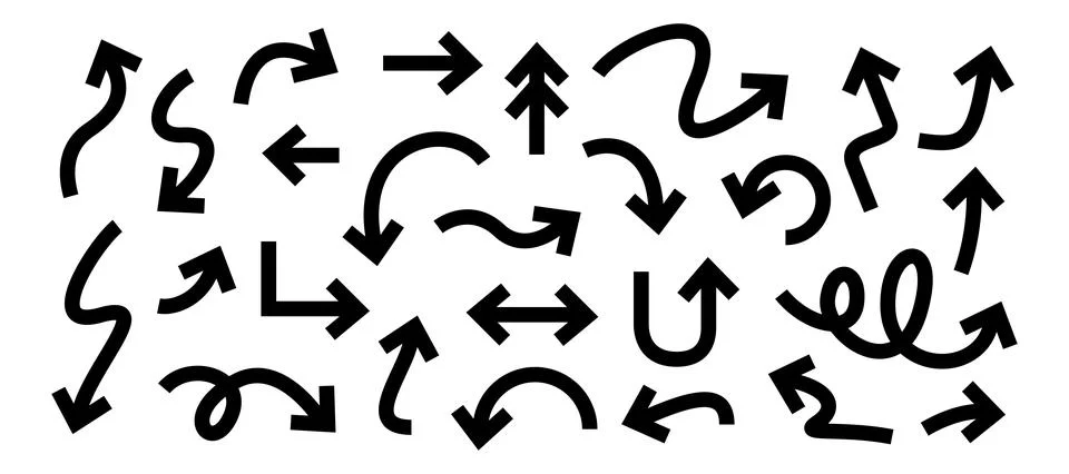Arrow vector set with black flat style pointers, curves, swirls. Minimalist イラスト素材