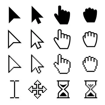 Arrow web cursors, digital hand pointers vector black pictograms Stock Illustration