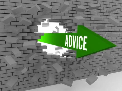 Arrow with word Advice breaking brick wall. Concept 3D illustration. Illustrazione stock
