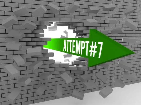 Arrow with word Attempt#7 breaking brick wall. Concept 3D illustration. Stock Illustration