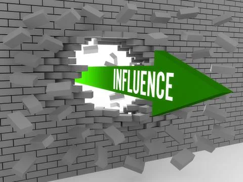 Arrow with word Influence breaking brick wall. Concept 3D illustration. Ilustración de archivo
