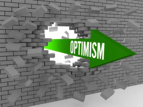 Arrow with word Optimism breaking brick wall. Concept 3D illustration. Stock Illustration