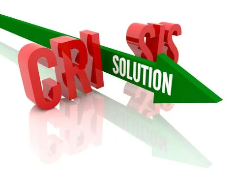Arrow with word Solution breaks word Crisis. Concept 3D illustration. Stock Illustration