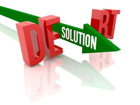 Arrow with word Solution breaks word Debt. Concept 3D illustration. Stock Illustration