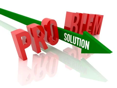 Arrow with word Solution breaks word Problem. Concept 3D illustration. Illustrazione stock