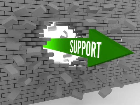 Arrow with word Support breaking brick wall. Concept 3D illustration. Stock Illustration