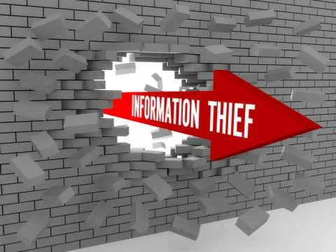 Arrow with words Information Thief breaking brick wall. Concept 3D illustrati Stock Illustration