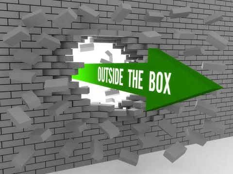Arrow with words Outside The Box breaking brick wall. Concept 3D illustration Stock Illustration