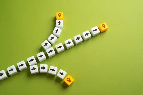 Arrows and paths leading to different destinations. Making plans and paving y Stock Photos