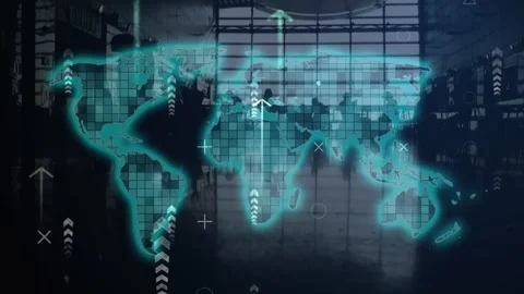 The arrows are moving upward against the background of a large room with a crowd Stock Footage 270700507