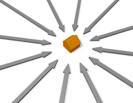 Arrows around a house model - 3d illustration Stock Illustration
