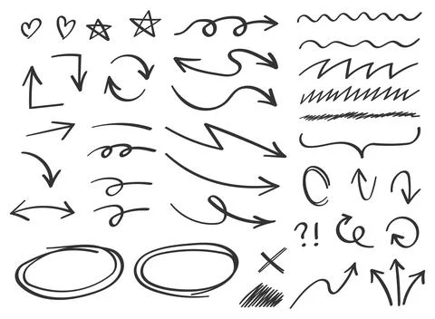 Arrows circles and abstract doodle icon in hand drawn style. Handmade paint.. Ilustración de archivo