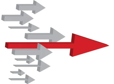 Arrows dashing to the right side, one red big one charges forth. Illustrazione stock