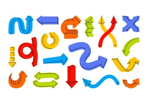 Arrows, design elements, actions and movement signs, pointers set. Stock Illustration