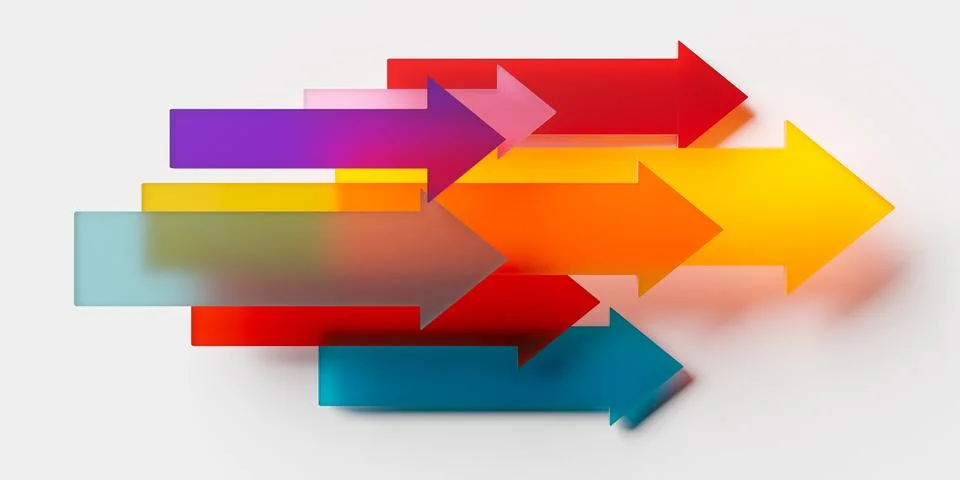 Arrows in different colors pointing in same direction on white background, .. Illustrazione stock