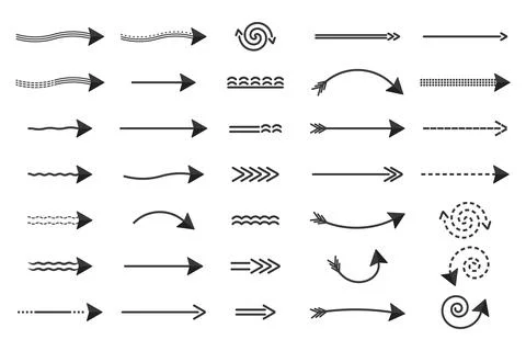 Arrows direction of movement, set of black arrows of different shapes dotted Stock Illustration