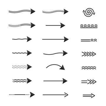 Arrows direction of movement, a set of black arrows of different shapes dotted Stock Illustration