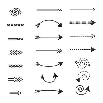 Arrows direction of movement, a set of black arrows of different shapes dotted Stock Illustration