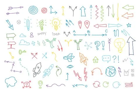 Arrows drawing set Painted by hand. Lines in pencil sketch rough draft Stock Illustration