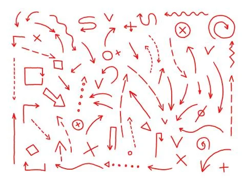Arrows drawing set. Painted by hand. Red lines in pencil sketch draft Stock Illustration