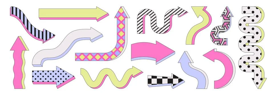 Arrows flat set. Abstract arrow with simple patterns. Memphis design, colorful Illustrazione stock