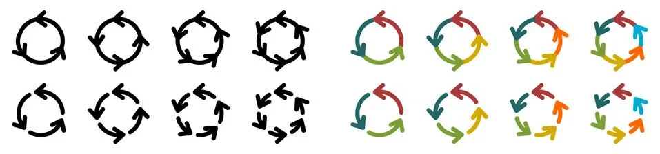 Arrows forming circle, version with three four five and six parts Stock Illustration