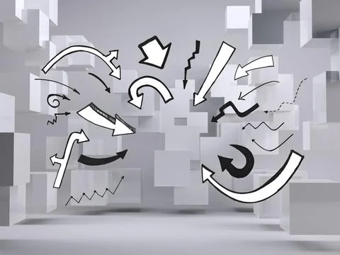 Arrows on grey background with cubes Stock Illustration
