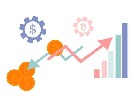 Arrows of growth and fall of the graph pillars of the graph and coins. The .. Stock Illustration
