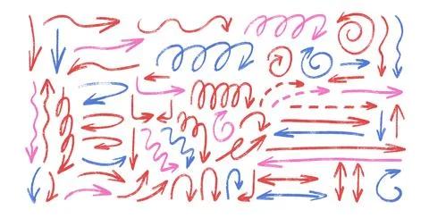 Arrows hand drawn set. Crayon straight and curved thin doodle elements. Freehand 스톡 일러스트