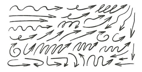 Arrows hand drawn set. Straight and curved thin pointers doodle elements. イラスト素材